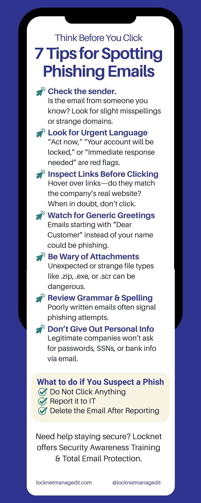 infographic with 7 steps to identify a phishing email and what to do about it