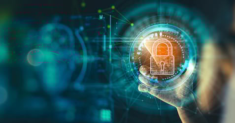 an image representing cybersecurity with a digital padlock being accessed by an unknown person 