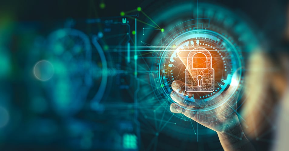 an image representing cybersecurity with a digital padlock being accessed by an unknown person 