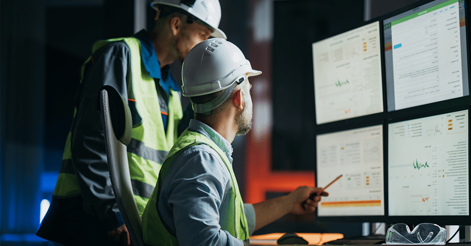image of construction professionals viewing project KPIs on multiple computers