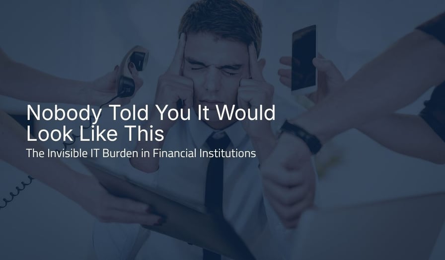 A stressed IT professional holding his head in frustration while multiple hands hand him mobile devices and a tablet, highlighting the overwhelming nature of community bank IT responsibilities.
