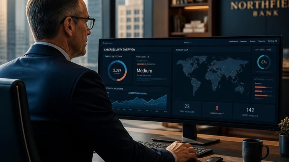 Professional corporate photography of an IT director reviewing cybersecurity metrics on modern monitors in a high-end bank office, warm natural light, soft bokeh background with modern architectural details, navy blue aesthetic, sophisticated tone